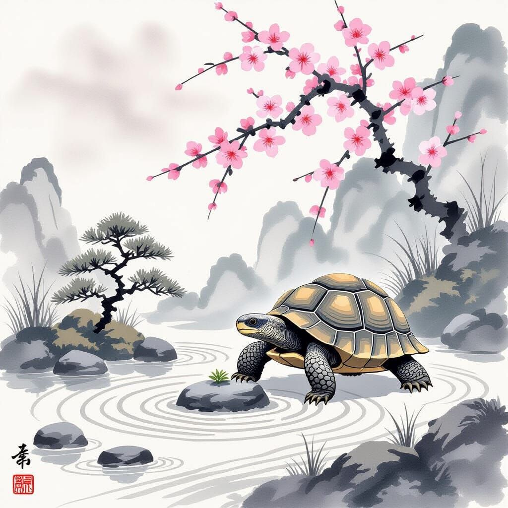 Tortoise Cultivates Bonsai in Zen Garden Ink Wash Painting