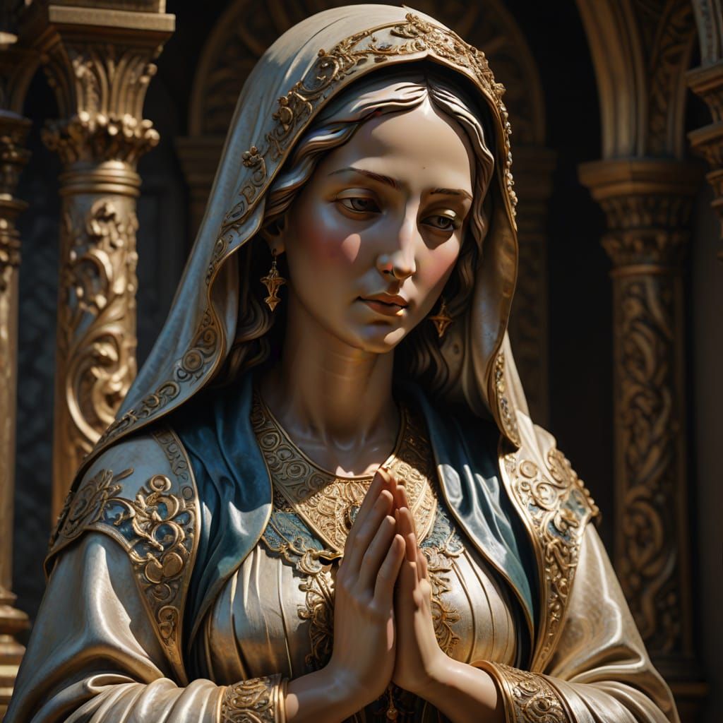 Baroque Virgin Mary Statue in Luxurious Silk Damask Fabric