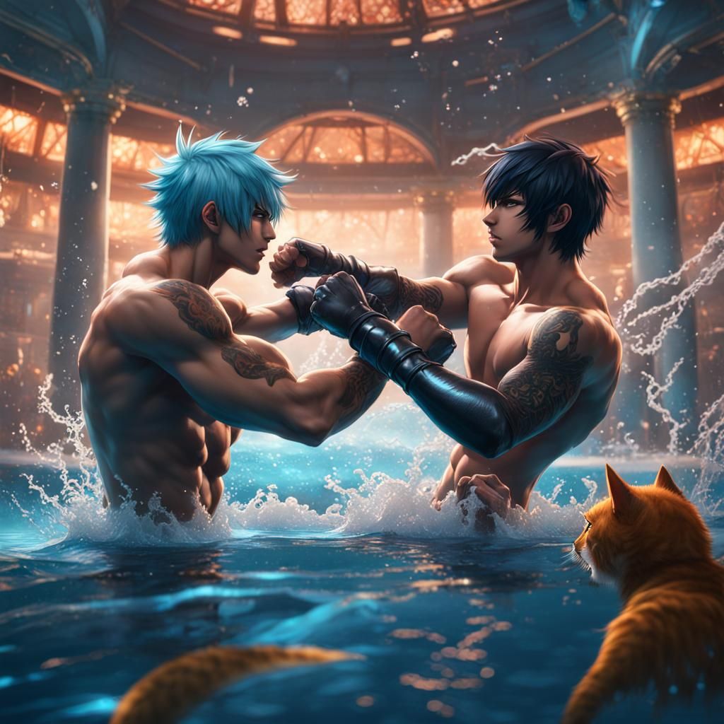 Anime Cat-Boys Fight in Aquatic Pool