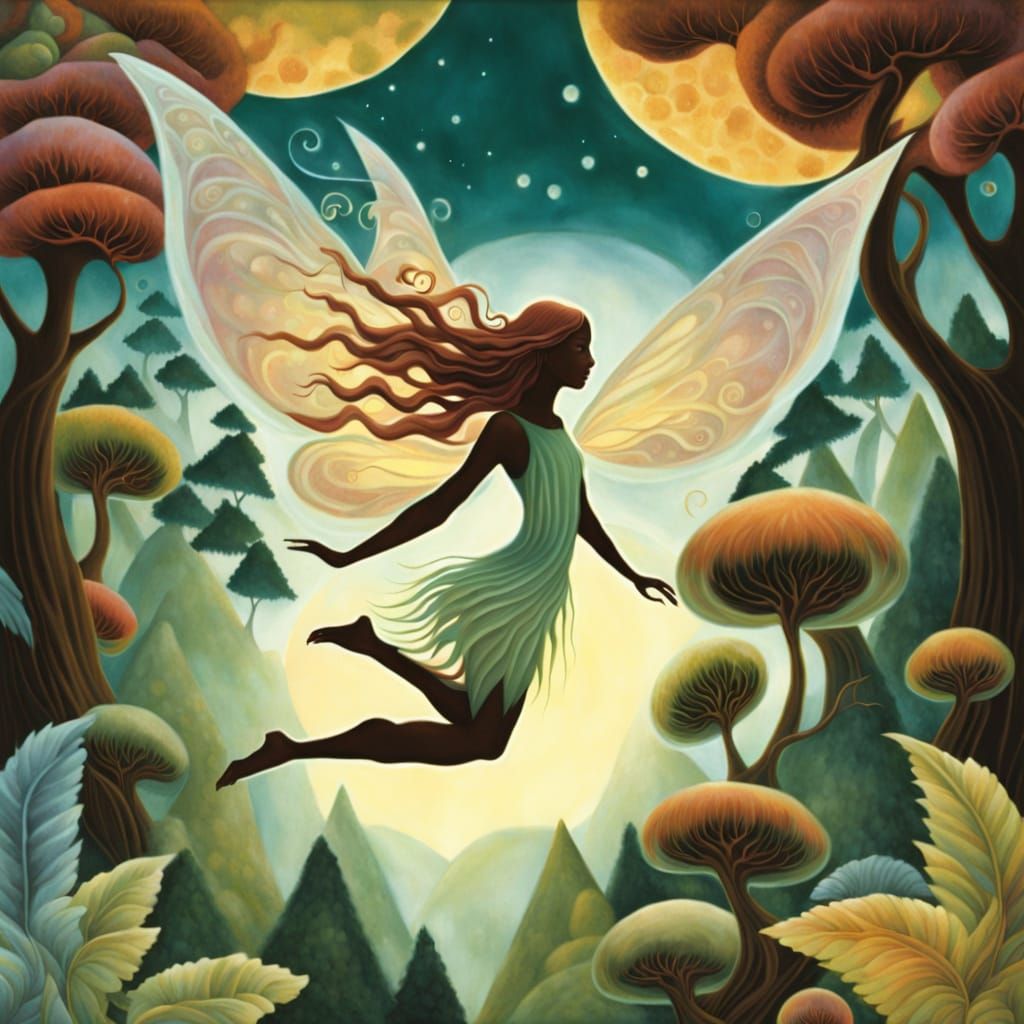 Whimsical Fairy Leaps Through Celestial Forest
