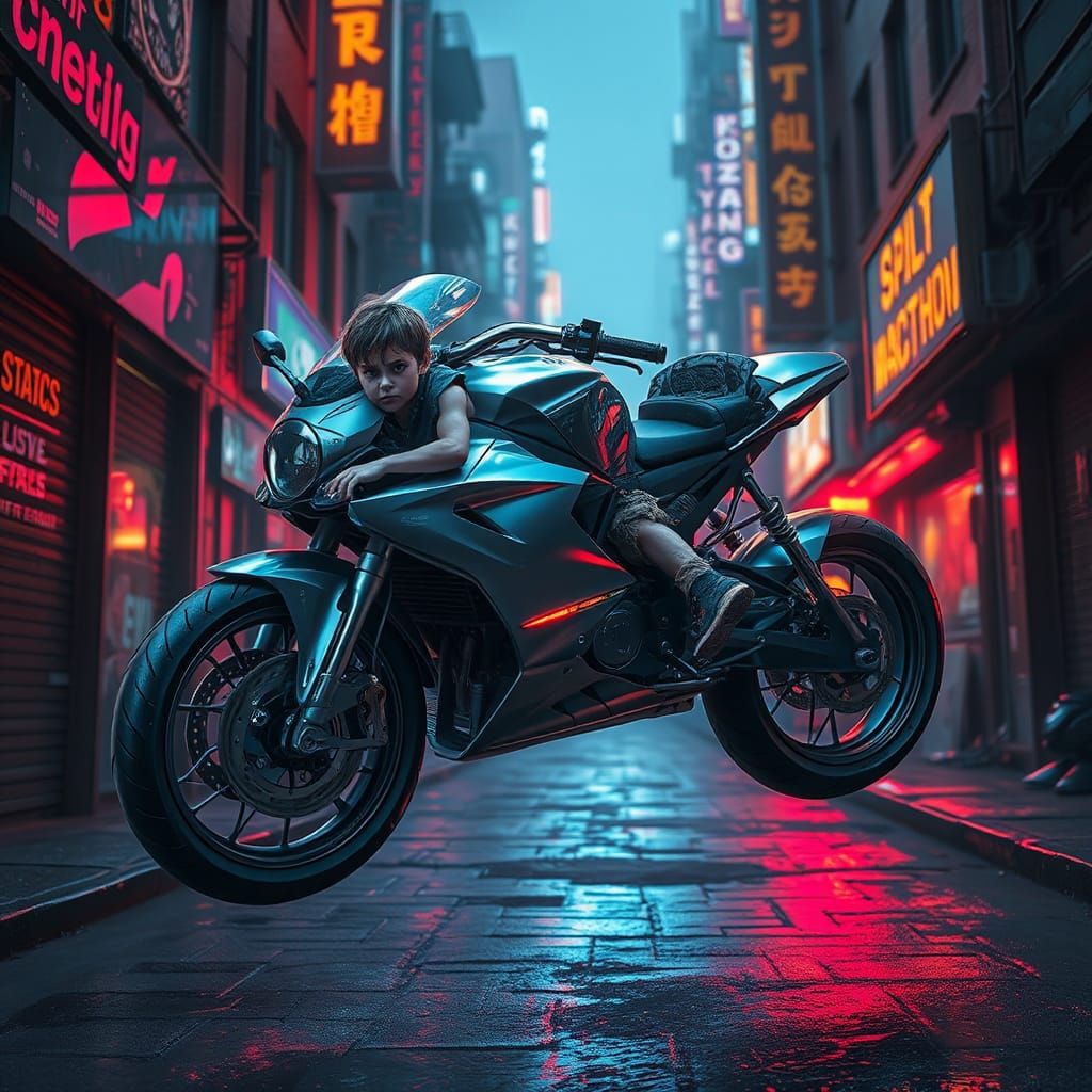 Cyberpunk Motorcycle with Child in Dystopian City