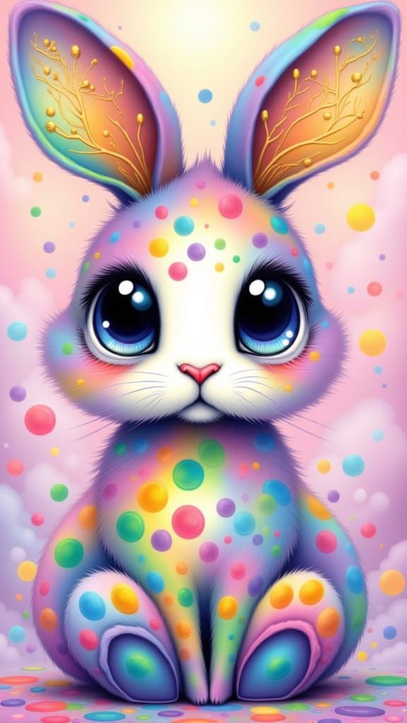 Vibrant Pop Art Bunny Portrait with Rainbow Fur and Gold Acc...