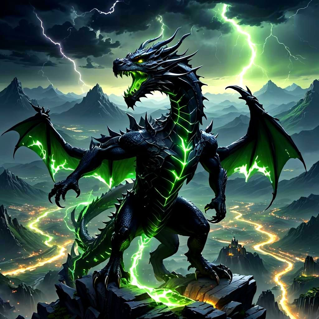 Dark Dragon Soaring Over Mountains in Anime Style