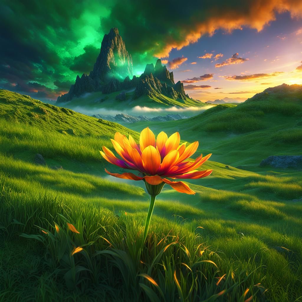Mystical Flower Over Grassland at Sunset