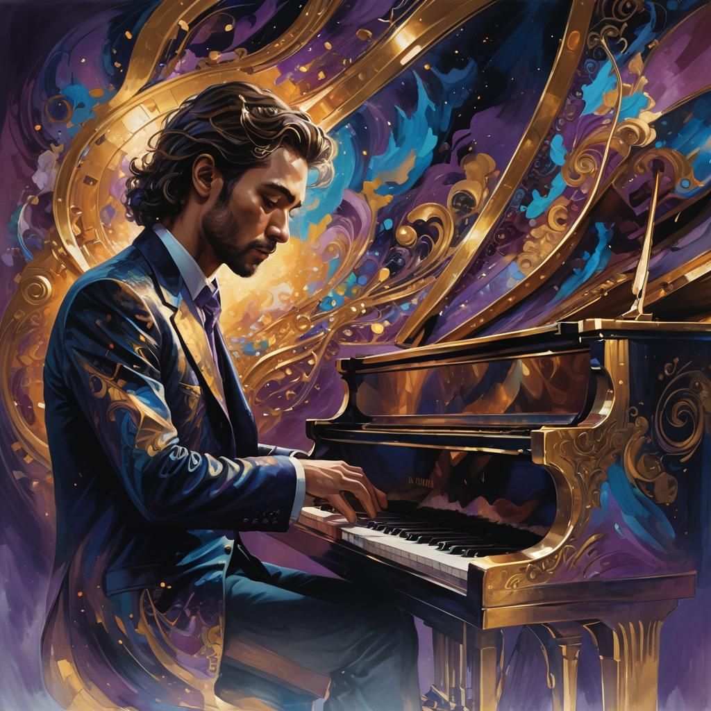 Musician Lost in Thought in Lavish Ballroom