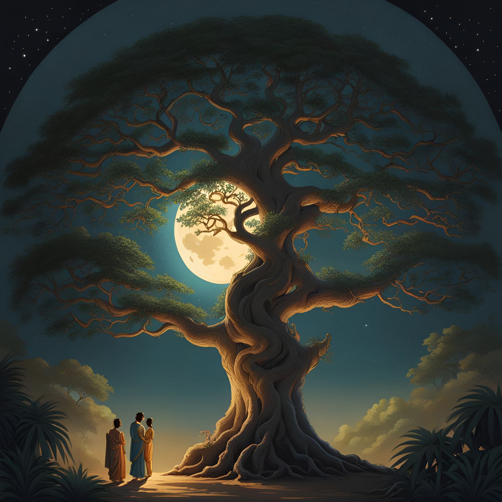 Krishna and Rama Beneath Banyan Tree in Fantasy Art