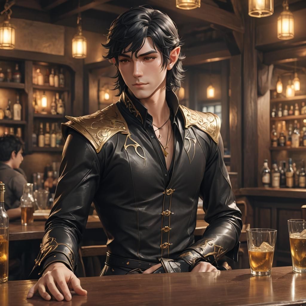 Golden Elf in Tavern, Anime Style Concept Art