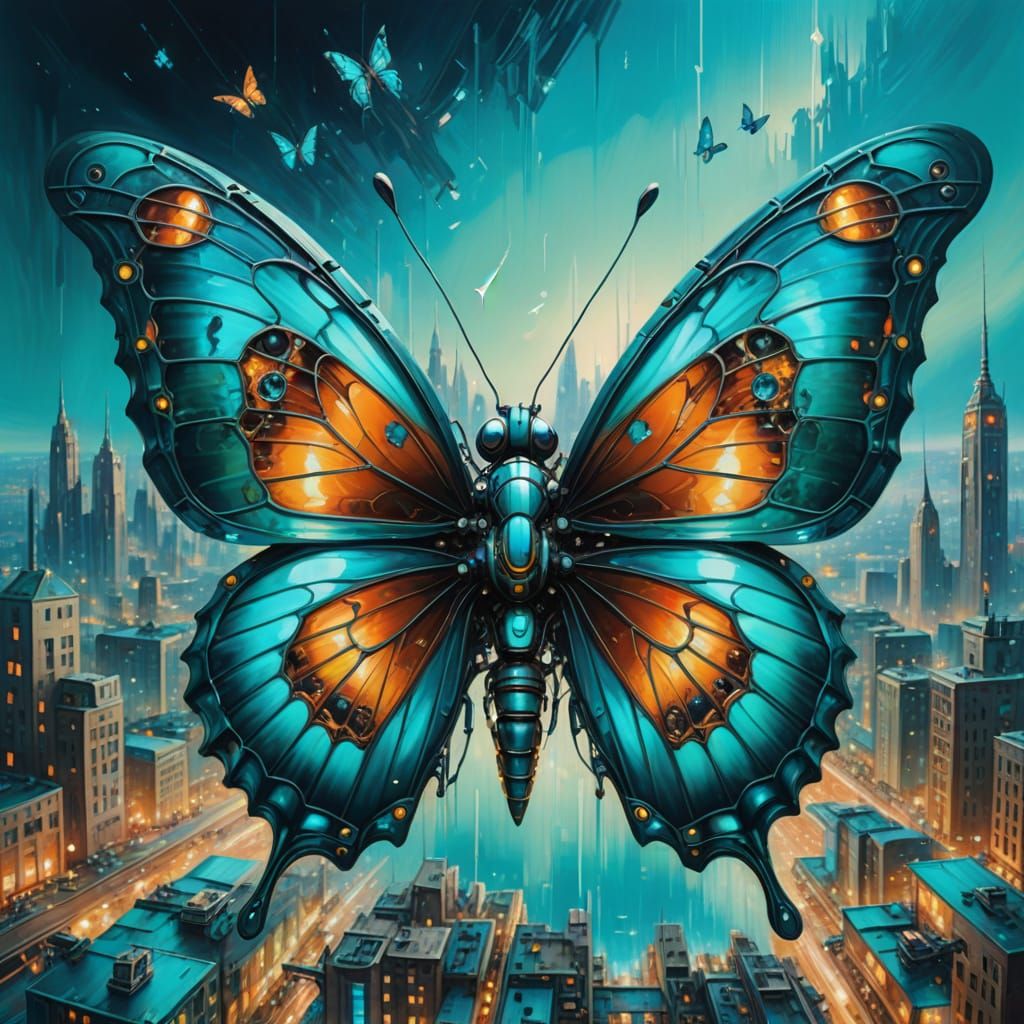 Mechanical Butterfly Reflects Cityscape in Surreal Oil Paint...