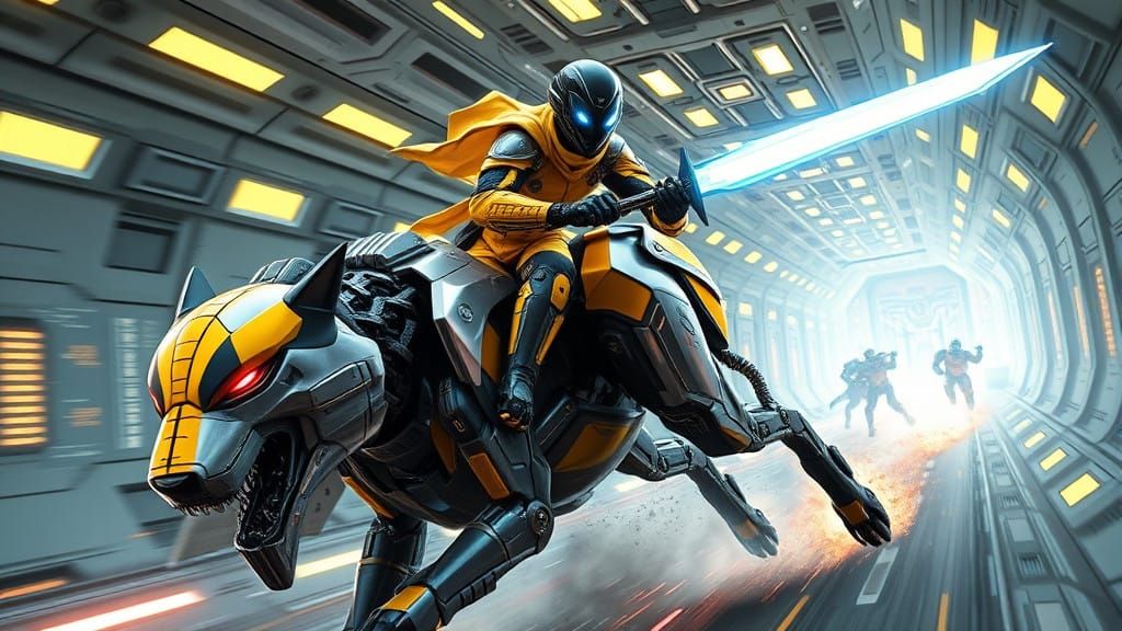 Humanoid Alien Warrior Rides Robot Wolf in Frenetic Battle