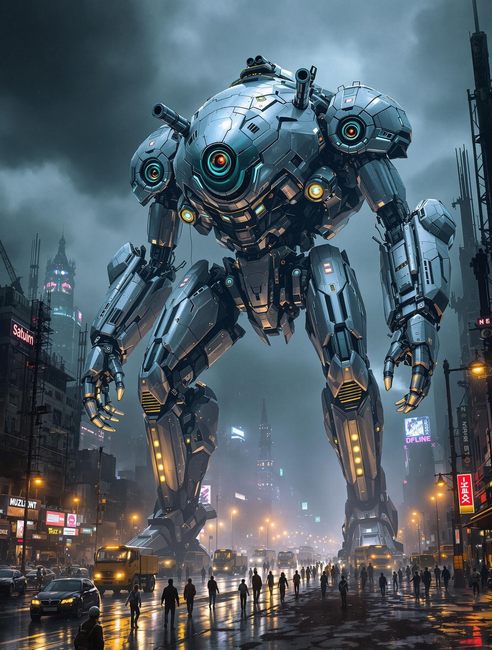 Colossal Cyberpunk Robot Automaton in Ruined Cityscape