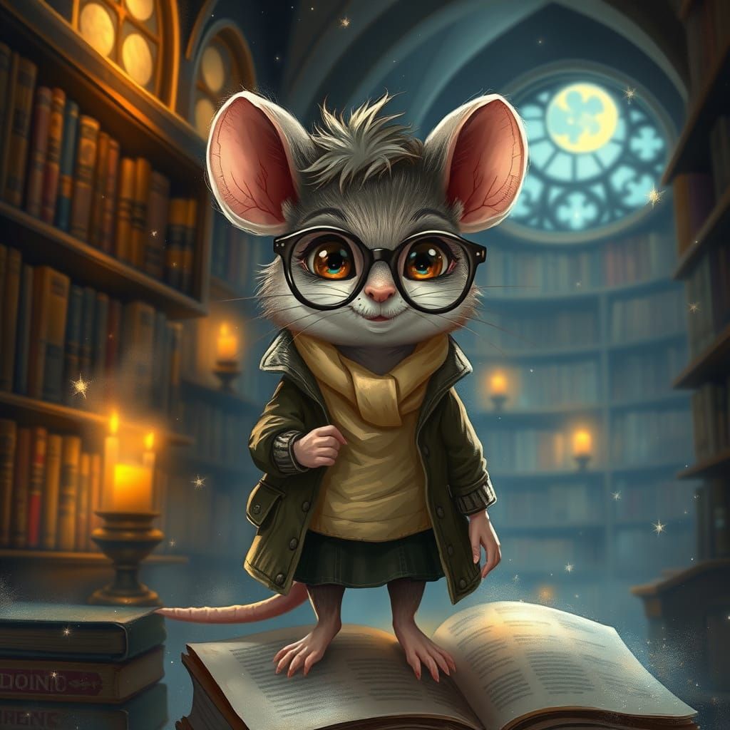 Whimsical Librarian Mouse in Mystical Library