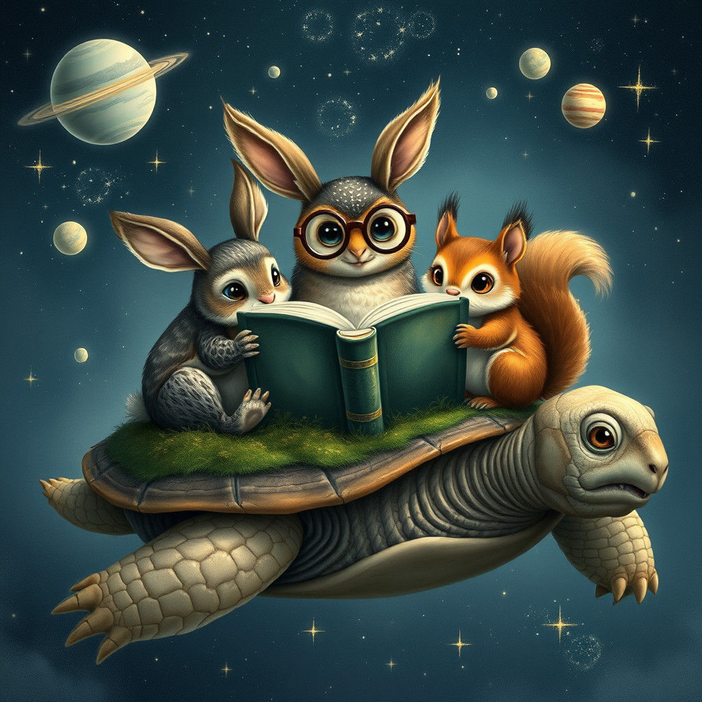 Animals Reading on a Turtle in Space
