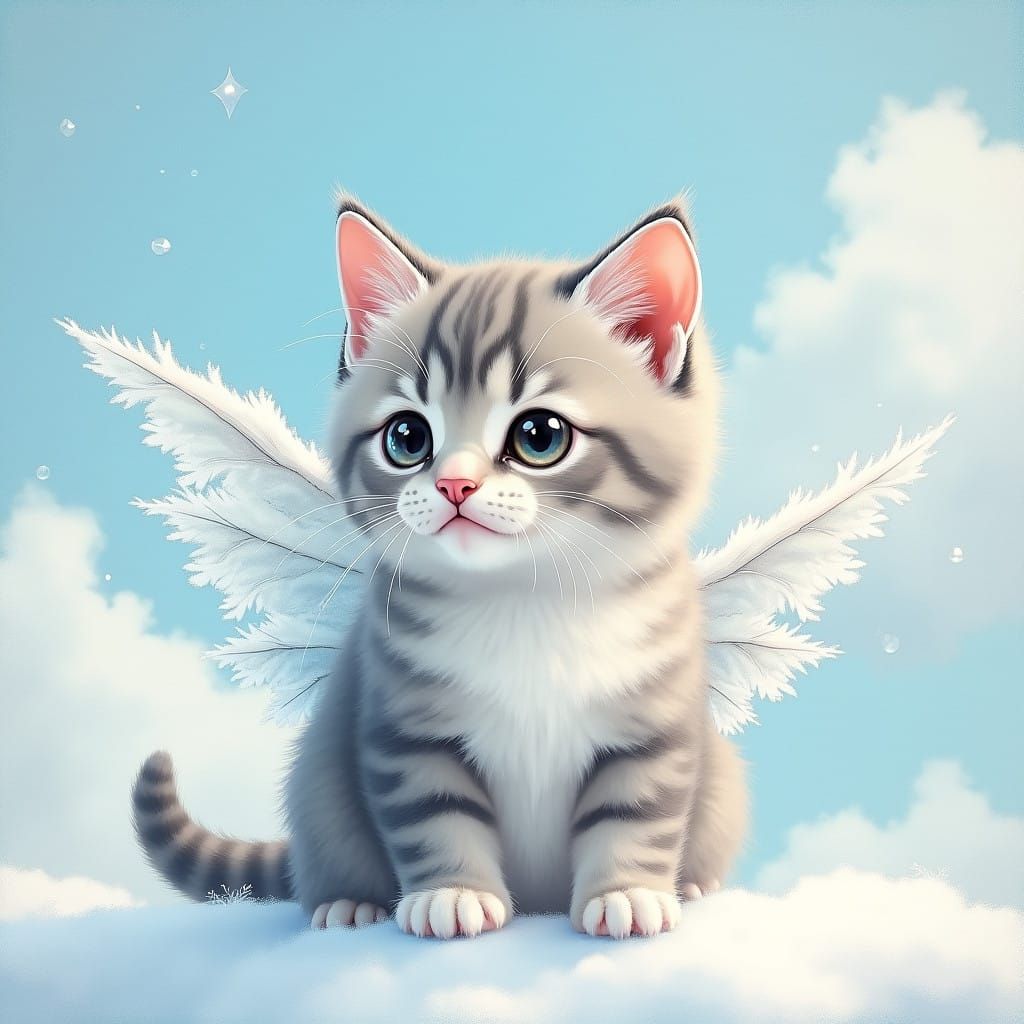 Whimsical Kitten with Frosty Wings in Dreamy Skies