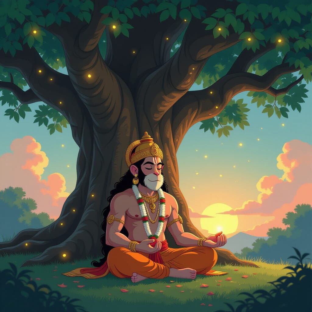 Hanuman in Meditation Under Ancient Banyan Tree