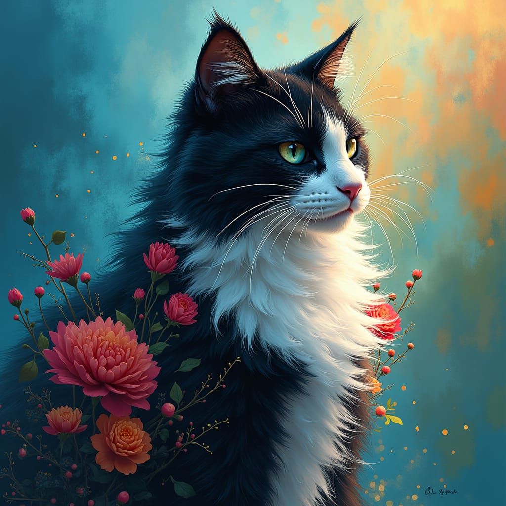 Majestic Tuxedo Cat Ablaze with Colorful Art