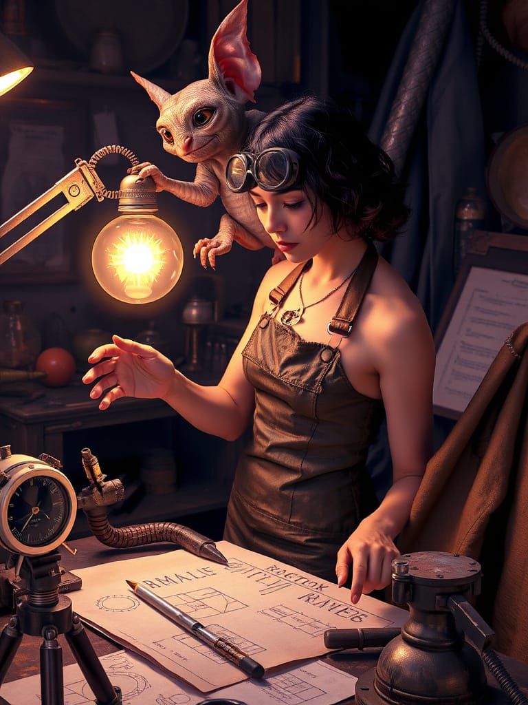 Lone Female Inventor in Cluttered Workshop with Mischievous ...