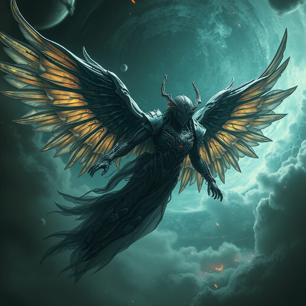 Biomechanical Angel Falling in Cosmic Dreamscape