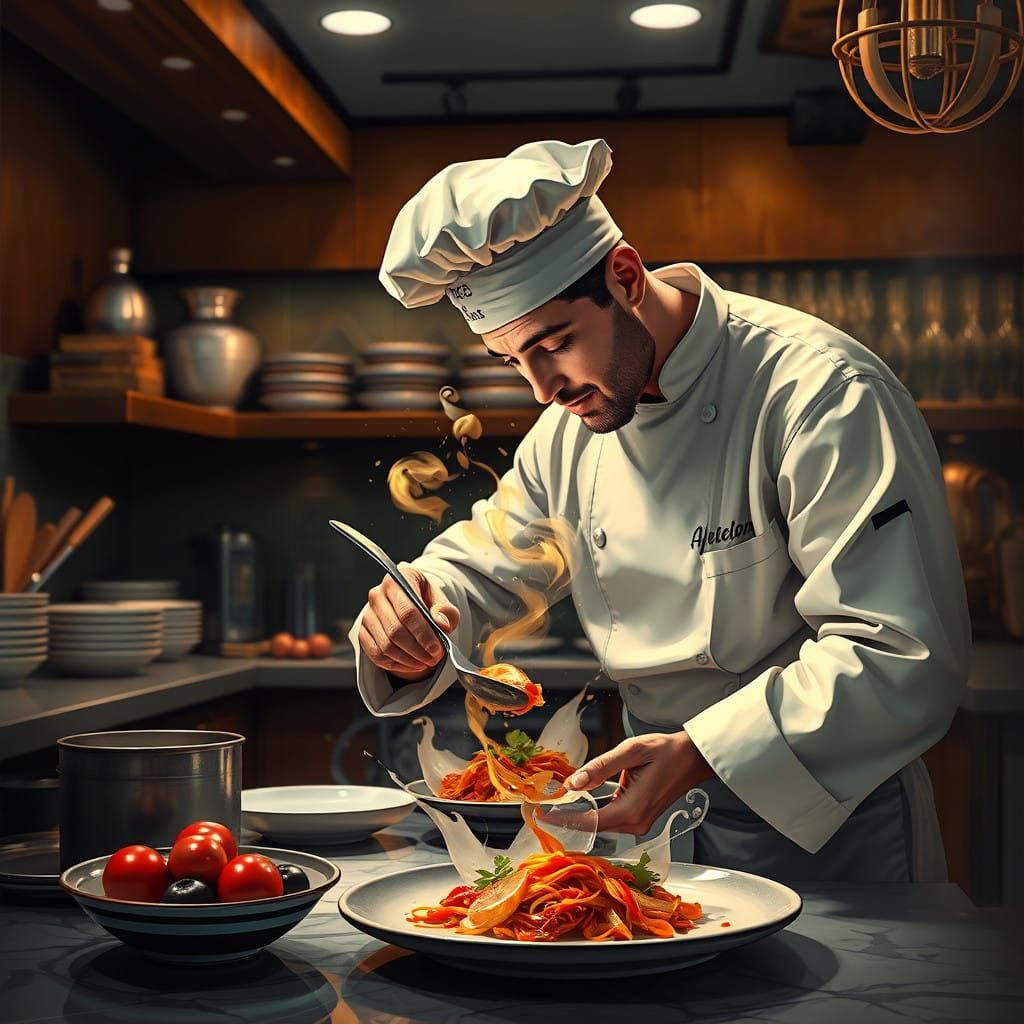 Gourmet Chef in Fantastical High-End Kitchen, Detailed Illus...