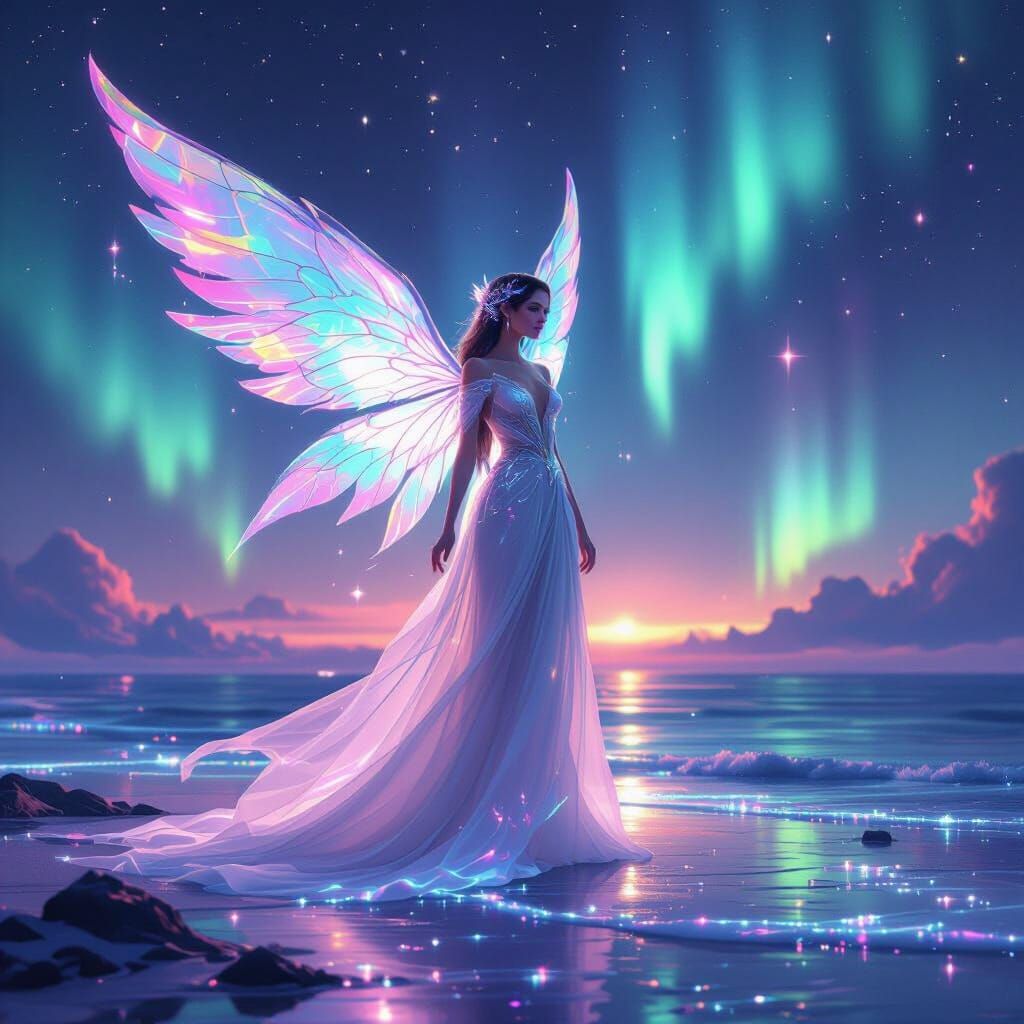 Mystical Merlion on Celestial Shore in Futuristic Style