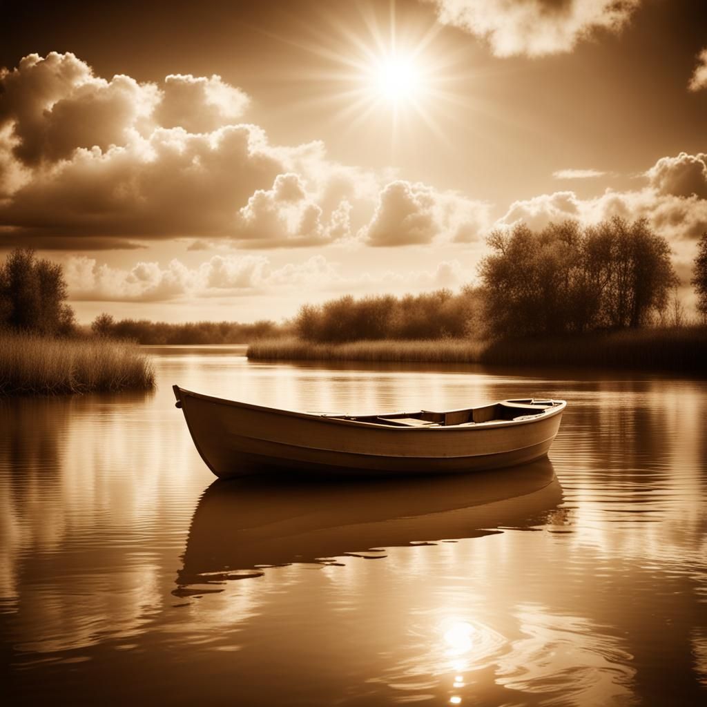 Vintage Wooden Boat on River in Sepia Tones