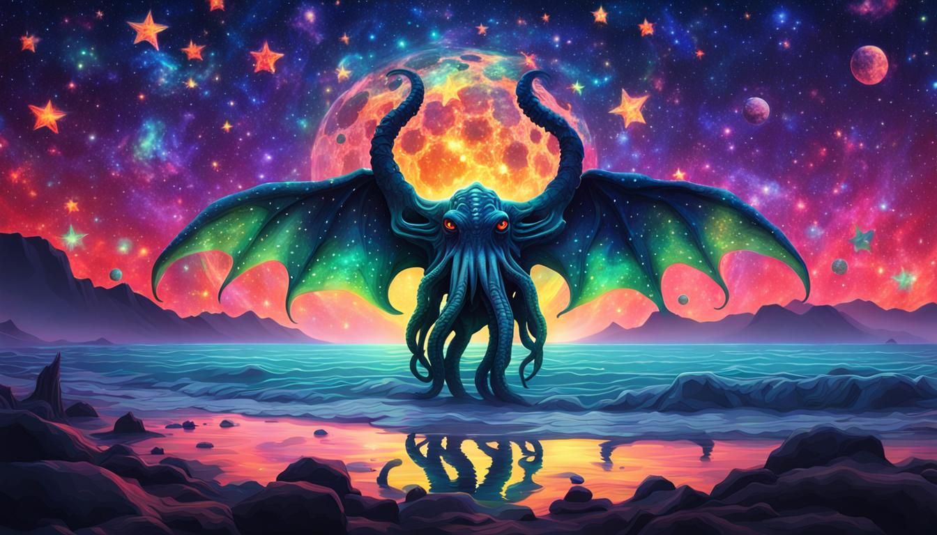 Psychedelic Cthulhu Silhouette in Starry Sky