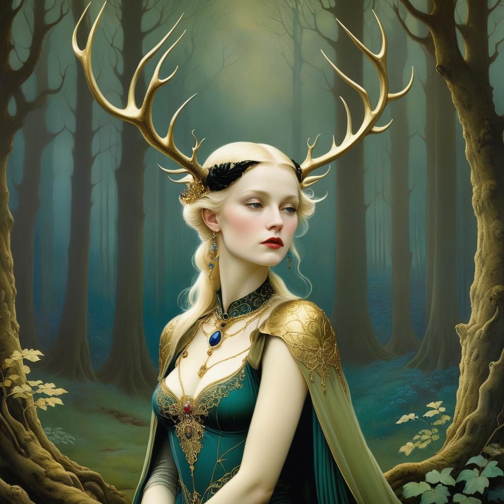 Woman with Antlers in Jewel Tones, Illustration Art