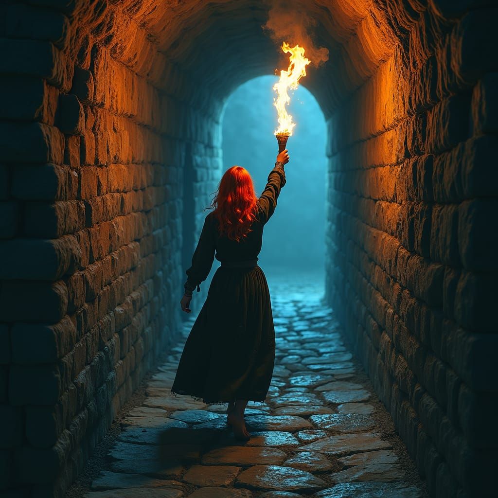 Redhead Rogue in Dark Passageway with Torch