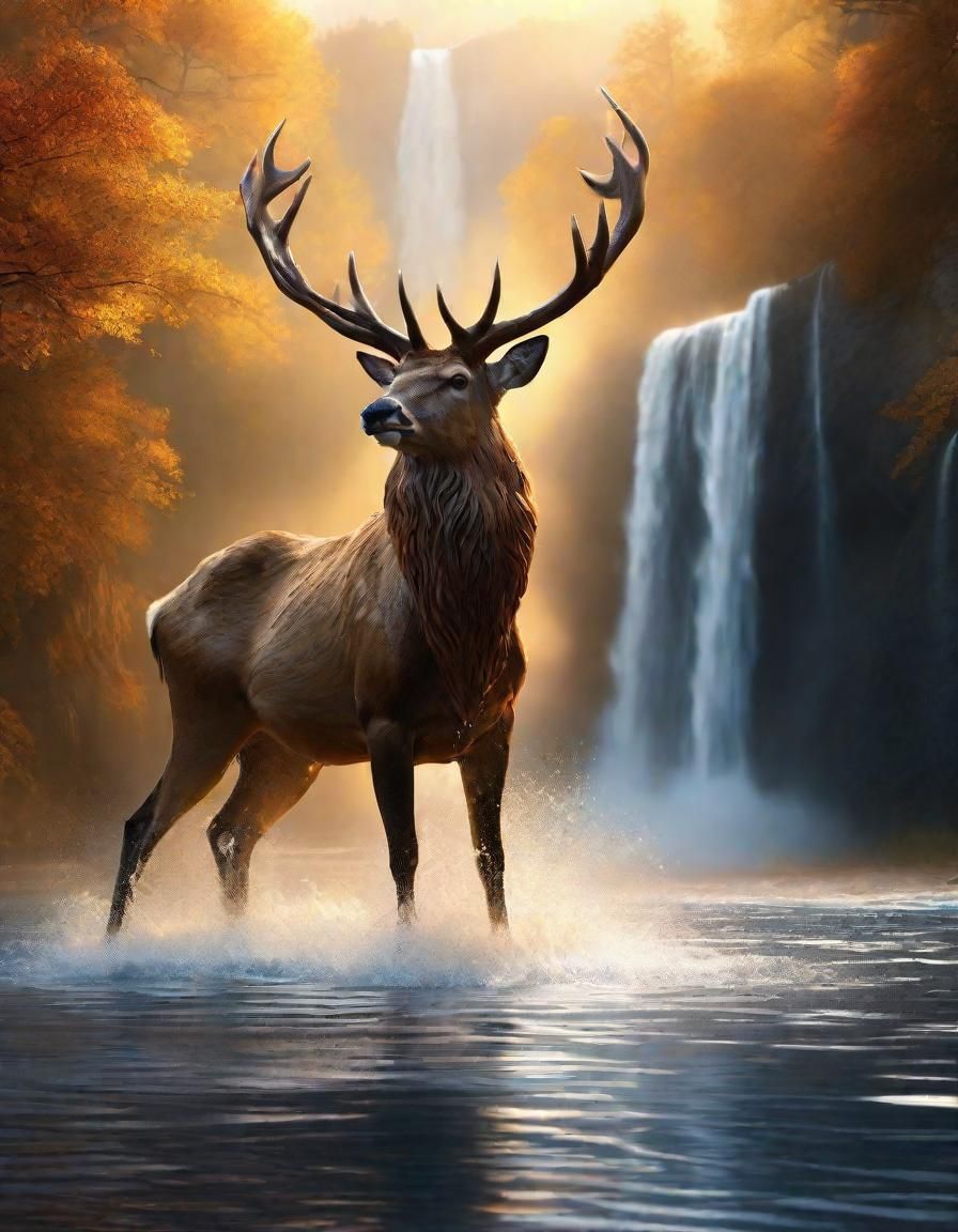 Water Stag in Misty Fountain: Cinematic Digital Painting