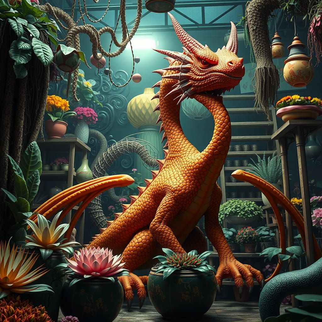 Tangerine Dragon in a Surreal Florist Shop