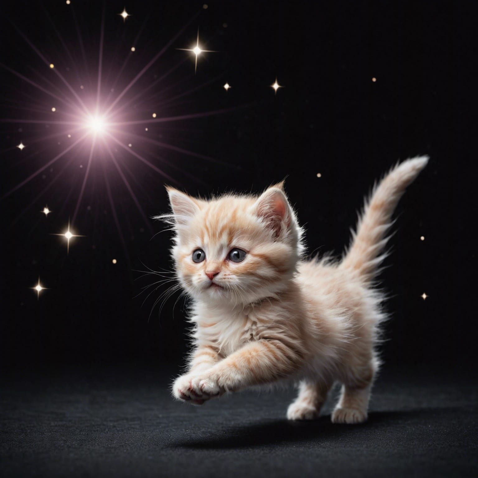 Cute Pink Kitten Chasing a Star in Deep Space