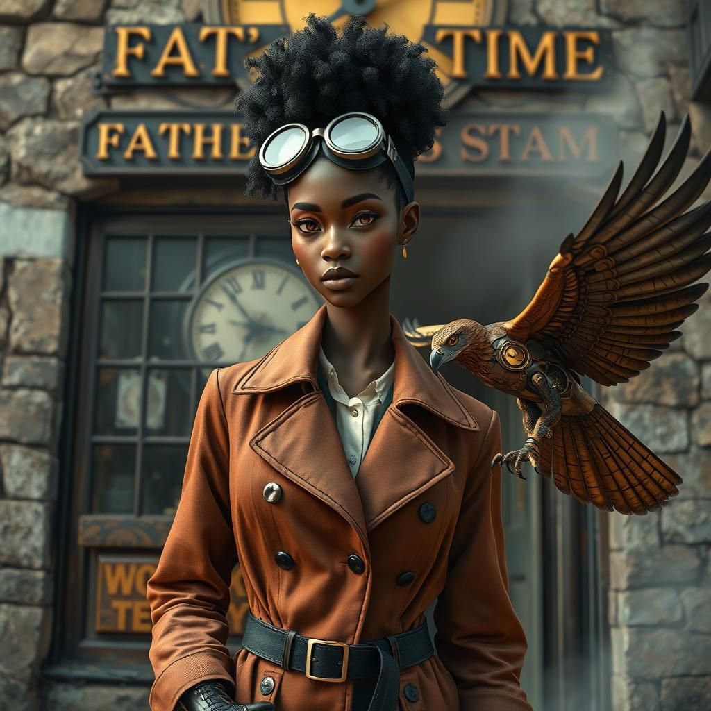 Steampunk Woman with Clockwork Hawk at Clock Shop