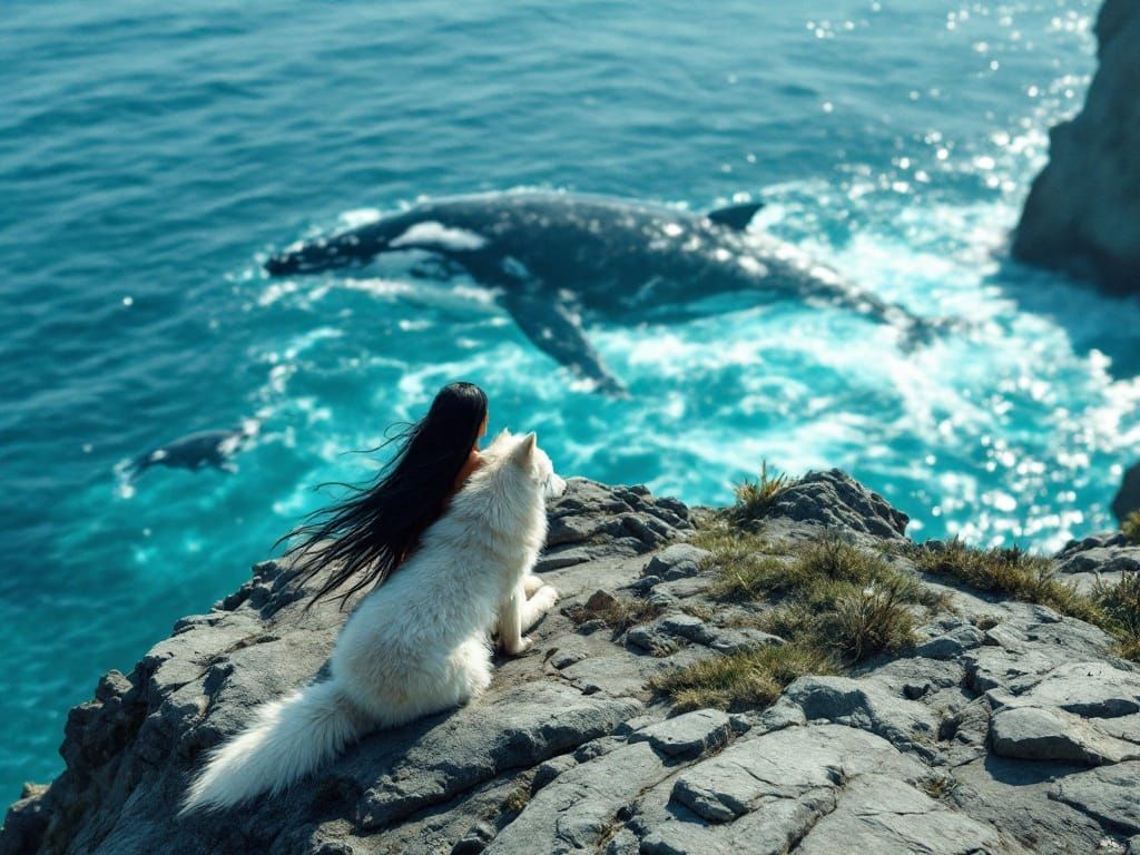 Native American Woman and Wolf Watching Whales