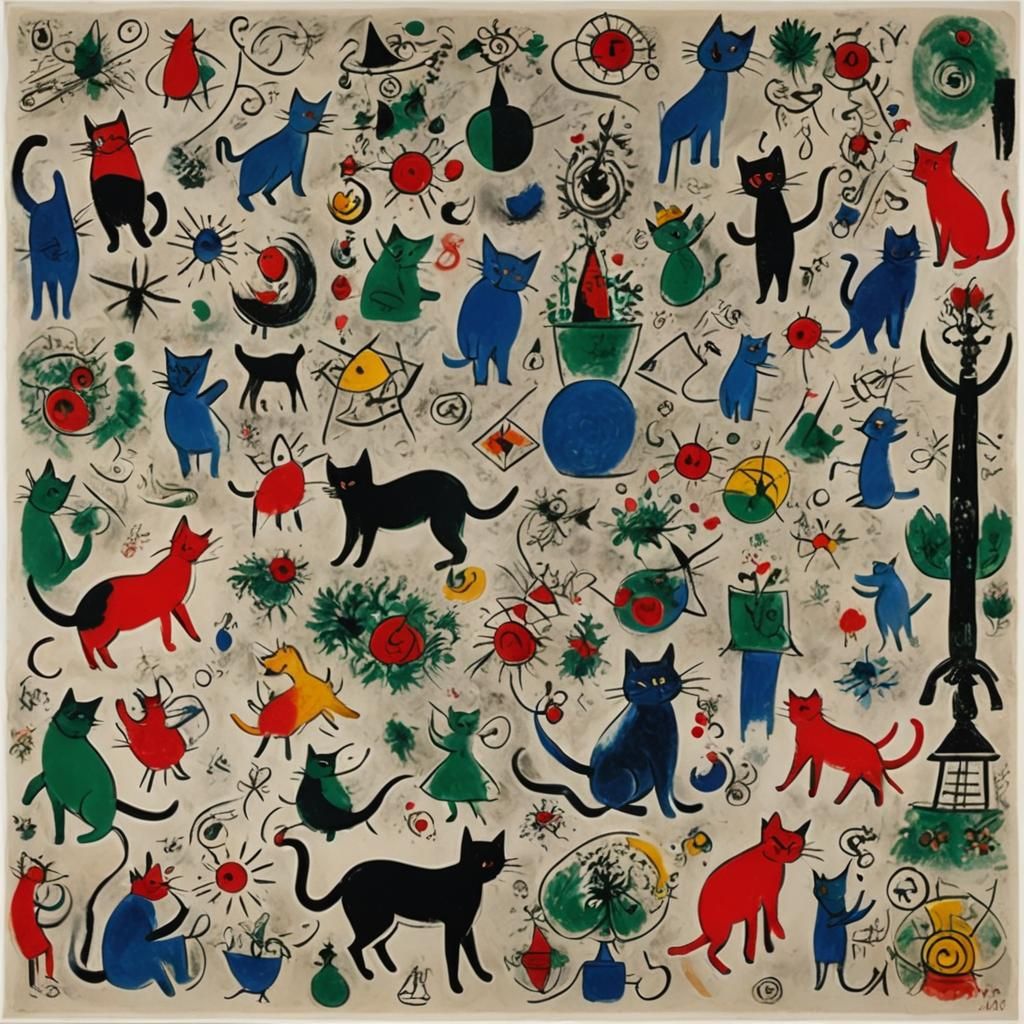 Abstract Cat Art Inspired by Miró and Chagall
