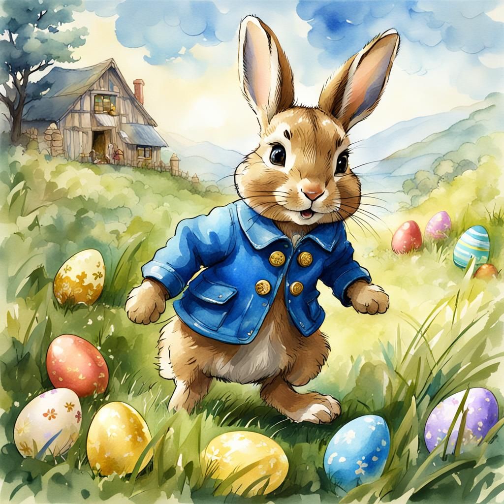 Peter Rabbit's Easter Egg Hunt in Watercolor Style