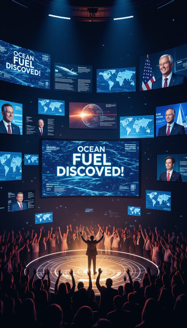 Futuristic Room With News Screens Announcing Ocean Fuel Disc...