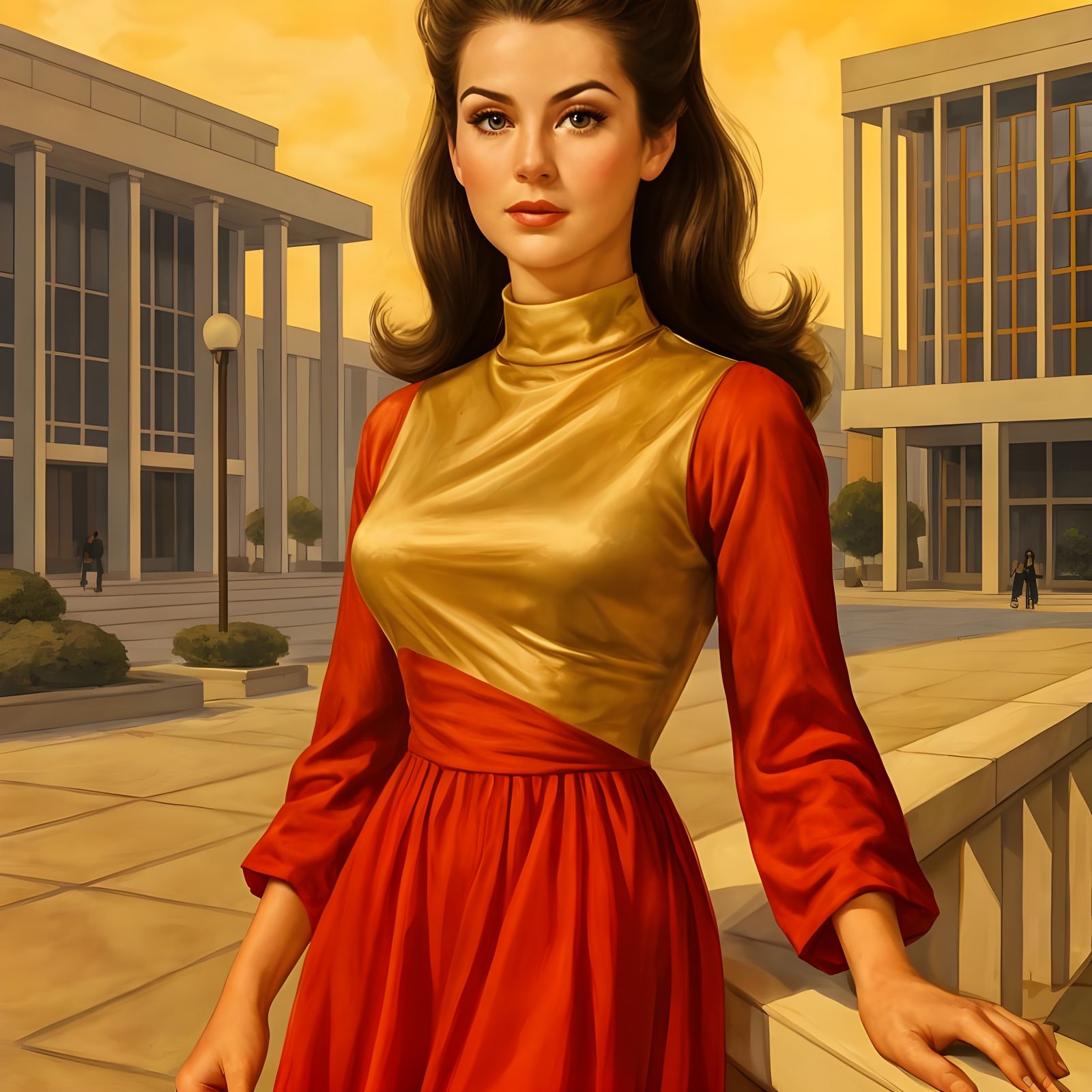 Elegant Woman in 1960s Style, Red and Gold Dress, Urban Civi...