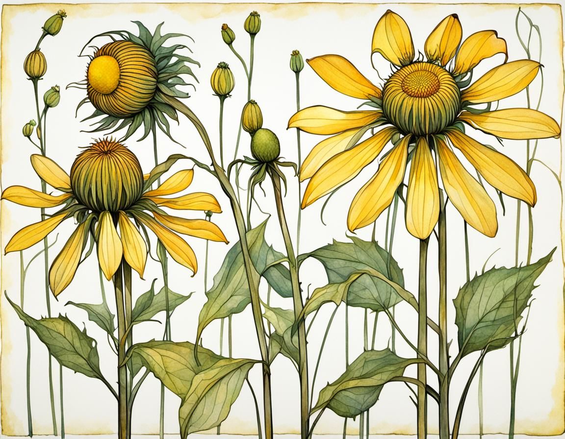Yellow Coneflower in Art Nouveau Style
