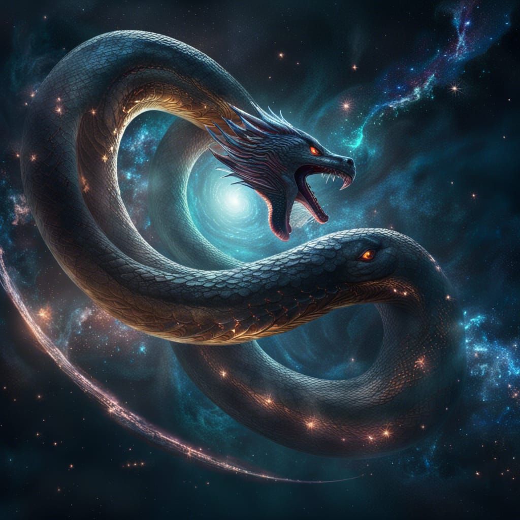 Celestial Serpent Flies Through Galaxy in Dark Fantasy Art