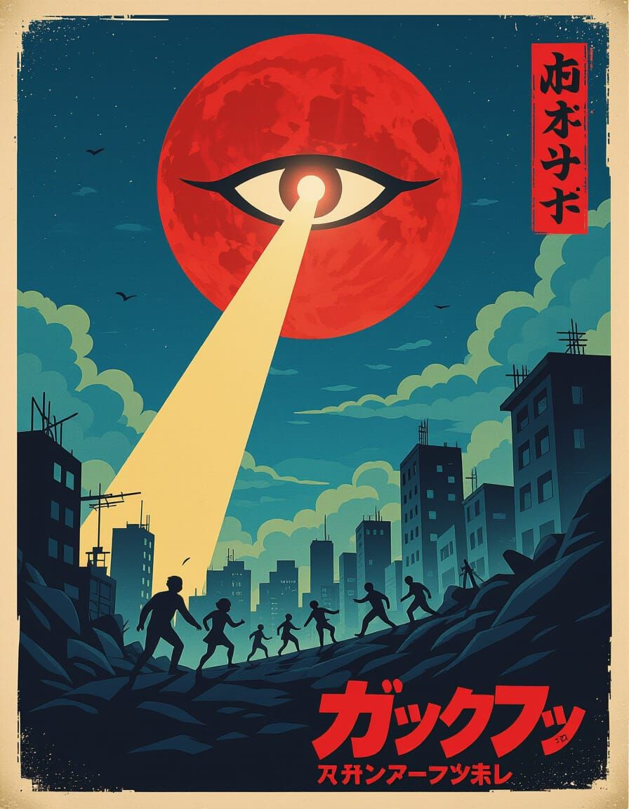 Giant Red Moon Eye Over Ruined City - 1970s Sci-Fi Anime Pos...