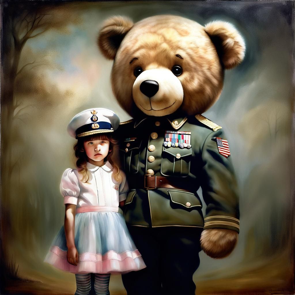 Girl Saluting Teddy Bear in Military Uniform
