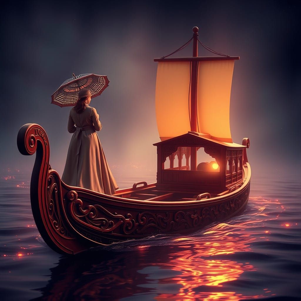Lady in Whimsical Wooden Boat Amidst Soft Light Waves
