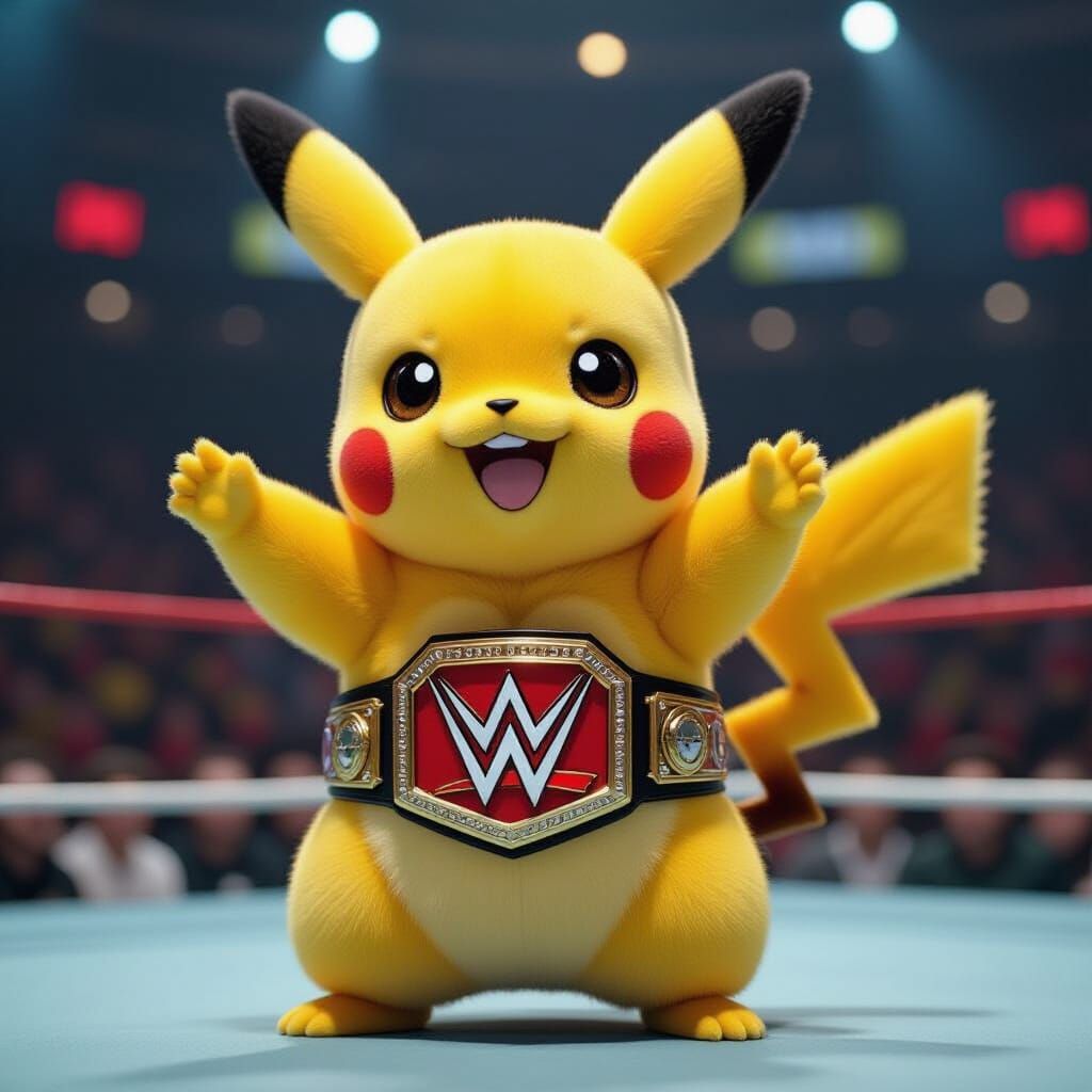 Pikachu Celebrates Wrestling Championship in Slow Motion