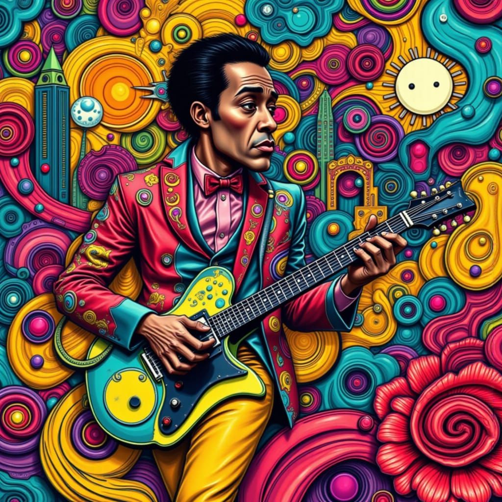 Chuck Berry Caricature Playing Guitar