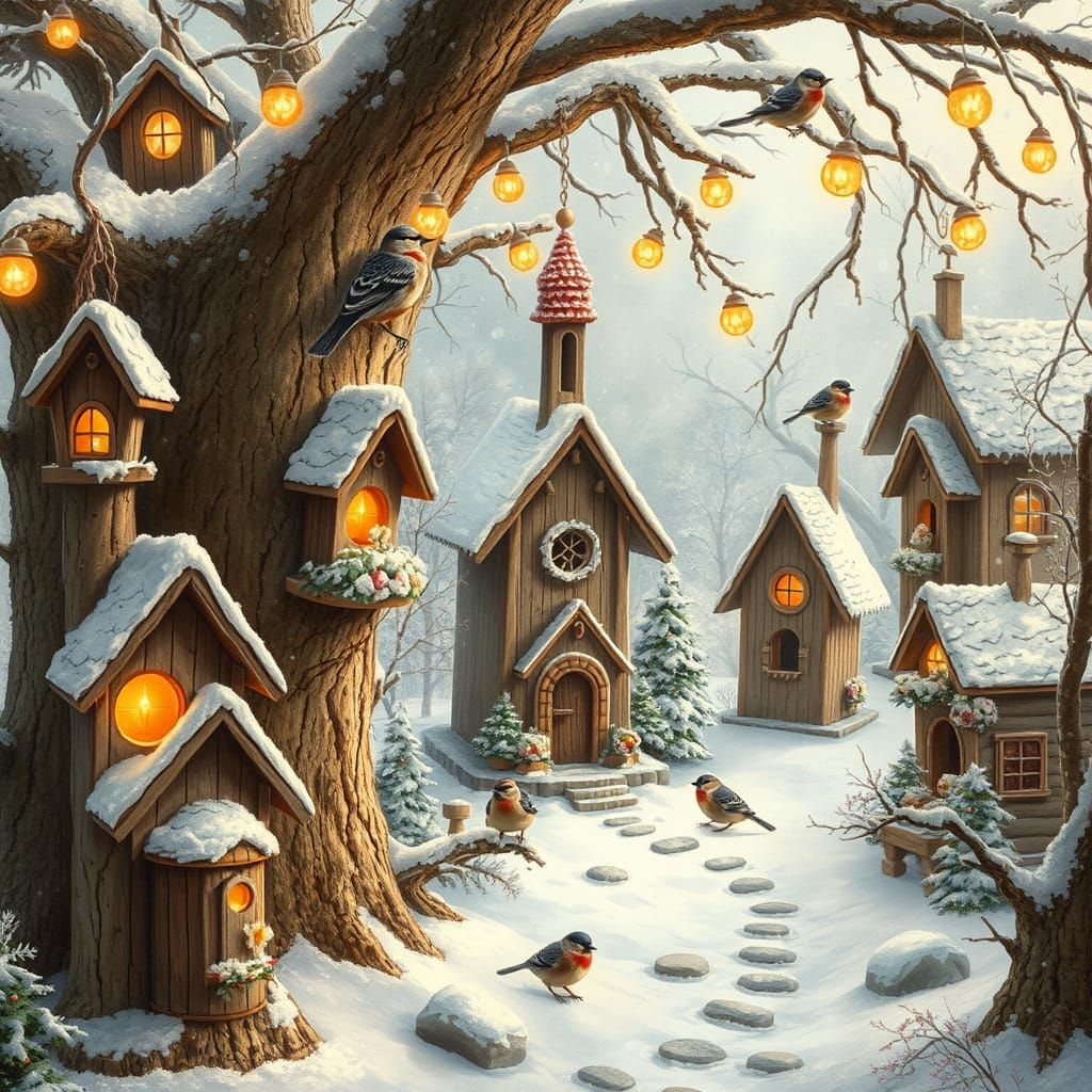 Whimsical Winter Bird Village with Bullfinches