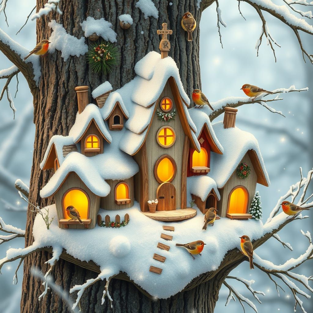 Charming Birdhouse Village in Winter Wonderland