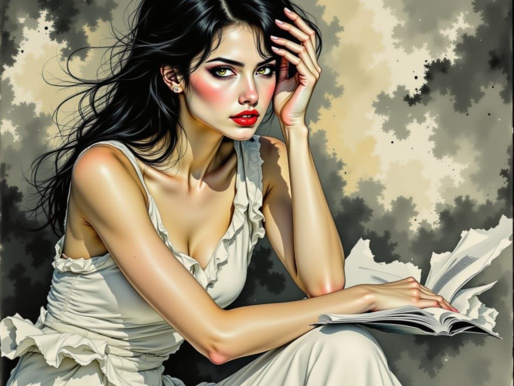 Dreamy Office Scene in Watercolor and Japanese Ink