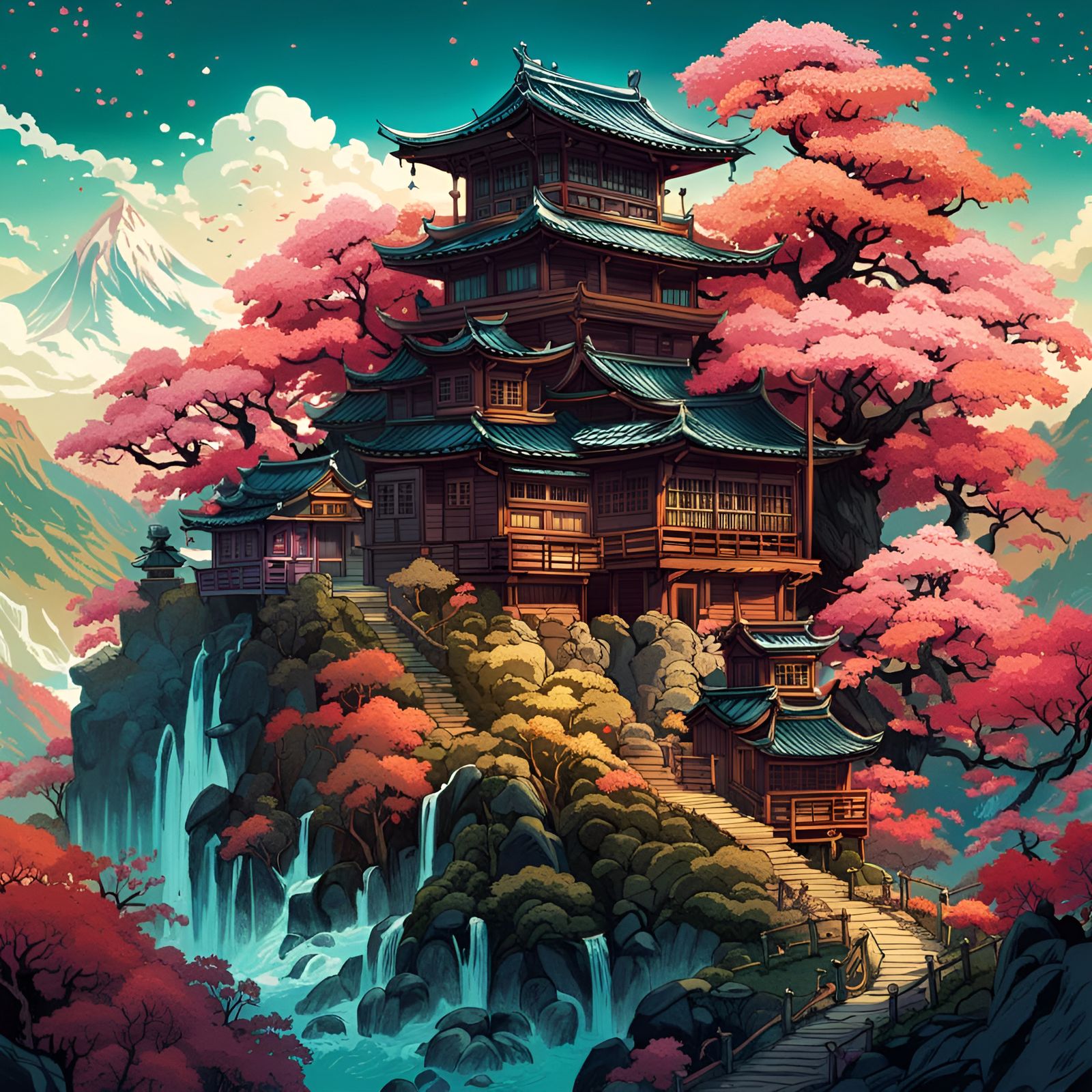 Detailed Japanese Village Landscape: Digital Illustration