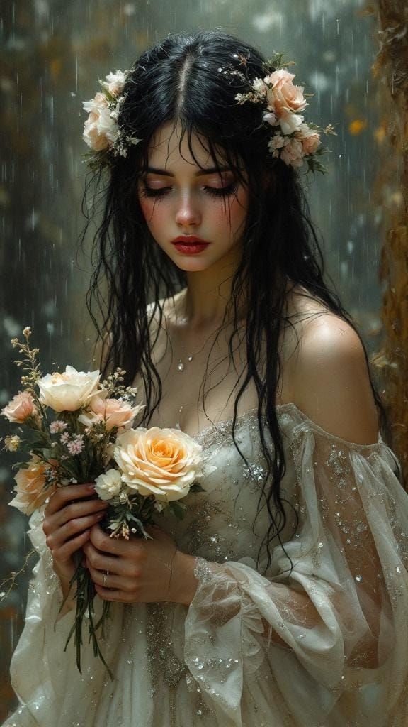 Tragic Princess in Rain, Oil Painting Style