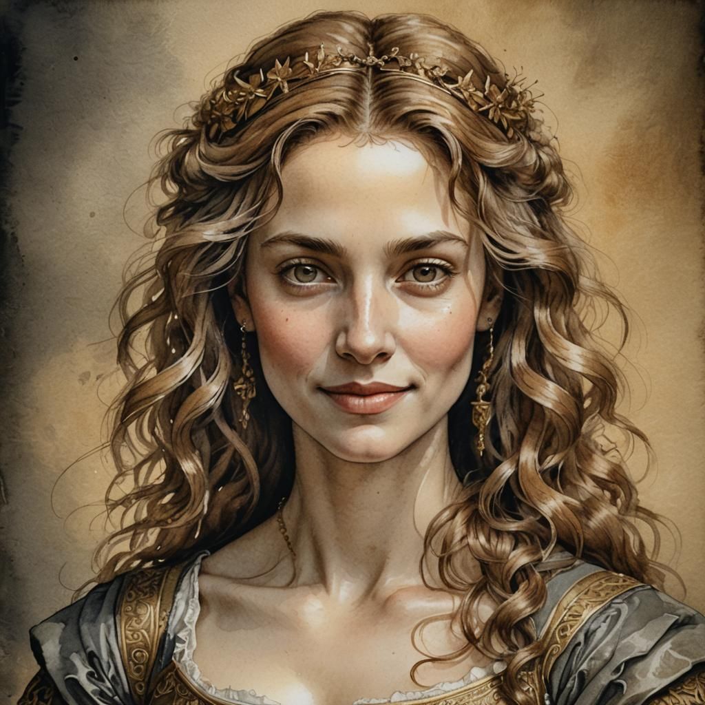 Renaissance Female Portrait in Watercolor and Charcoal