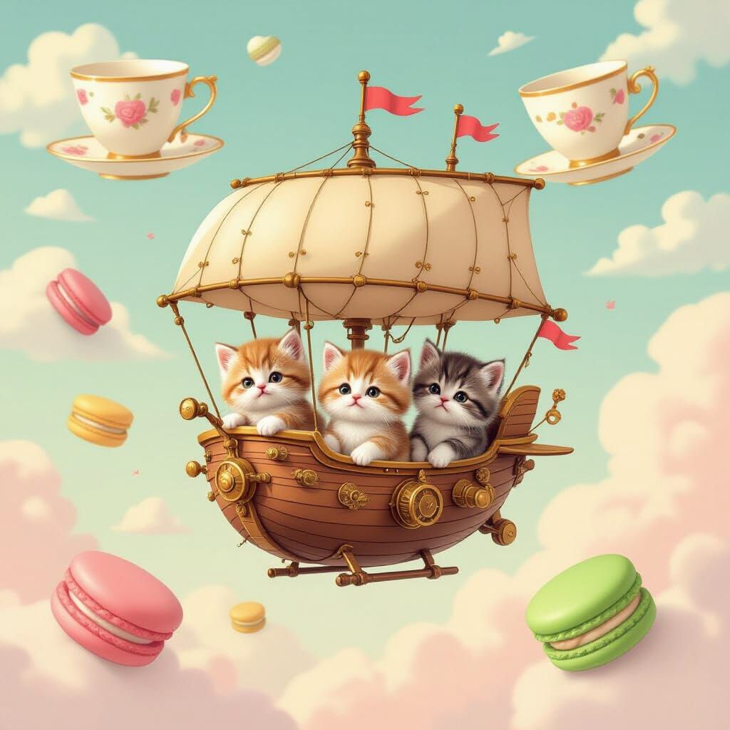 Kittens Pilot Steampunk Airship Through Teacup Sky